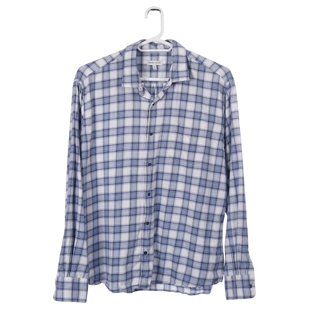 Peter Millar Oakhurst Shirt XL Blue Plaid Cotton Button-Up Casual Long Sleeve